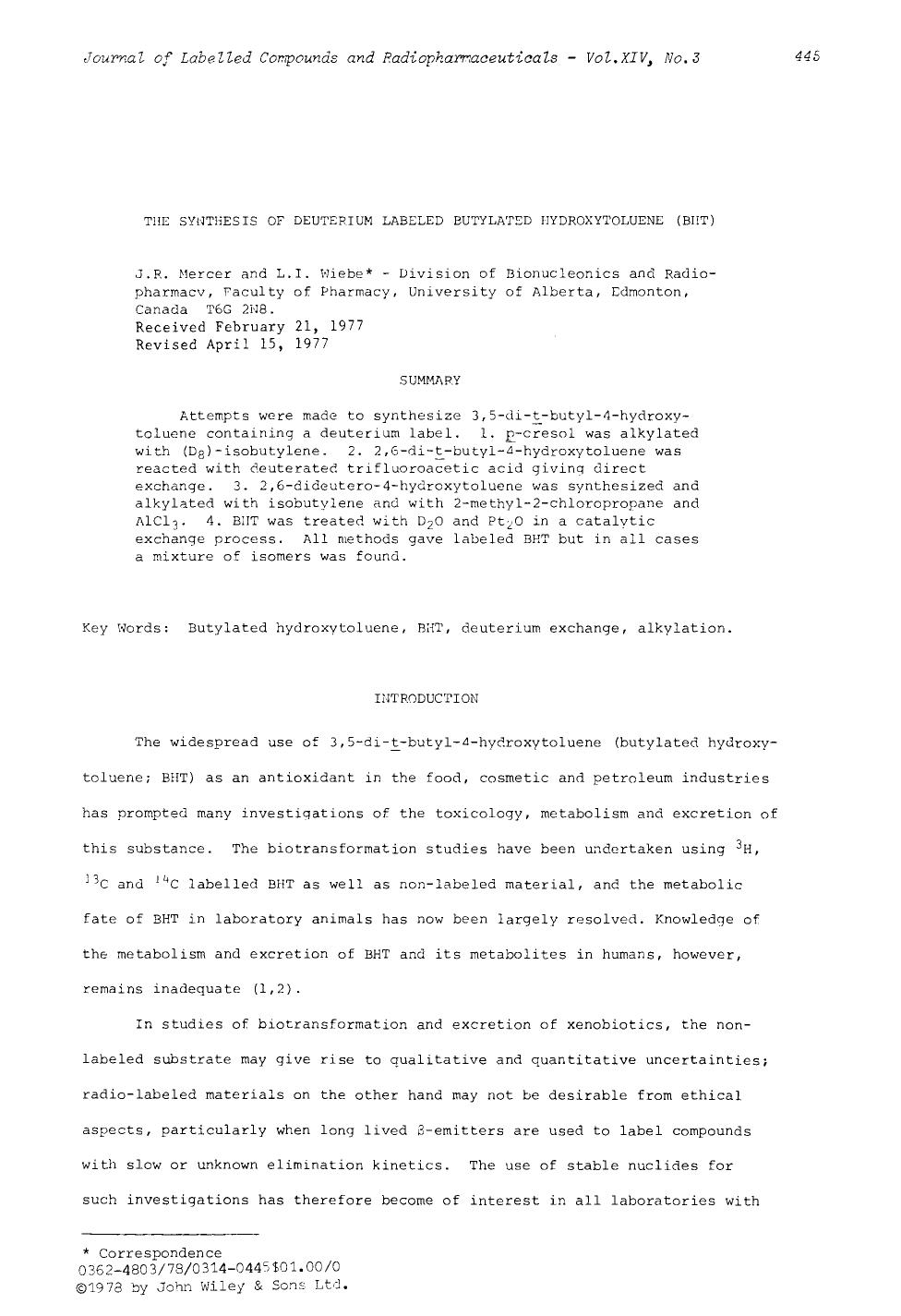 The synthesis of deuterium labeled butylated hydroxytoluene (BHT) by Unknown