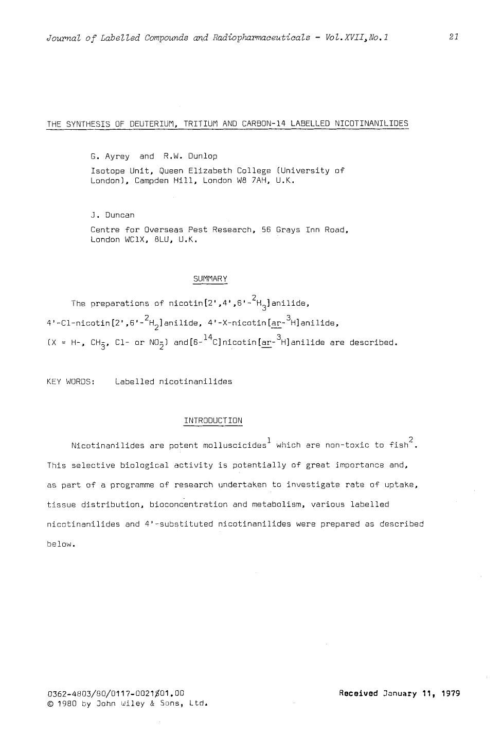The synthesis of deuterium, tritium and carbon-14 labelled nicotinanilides by Unknown