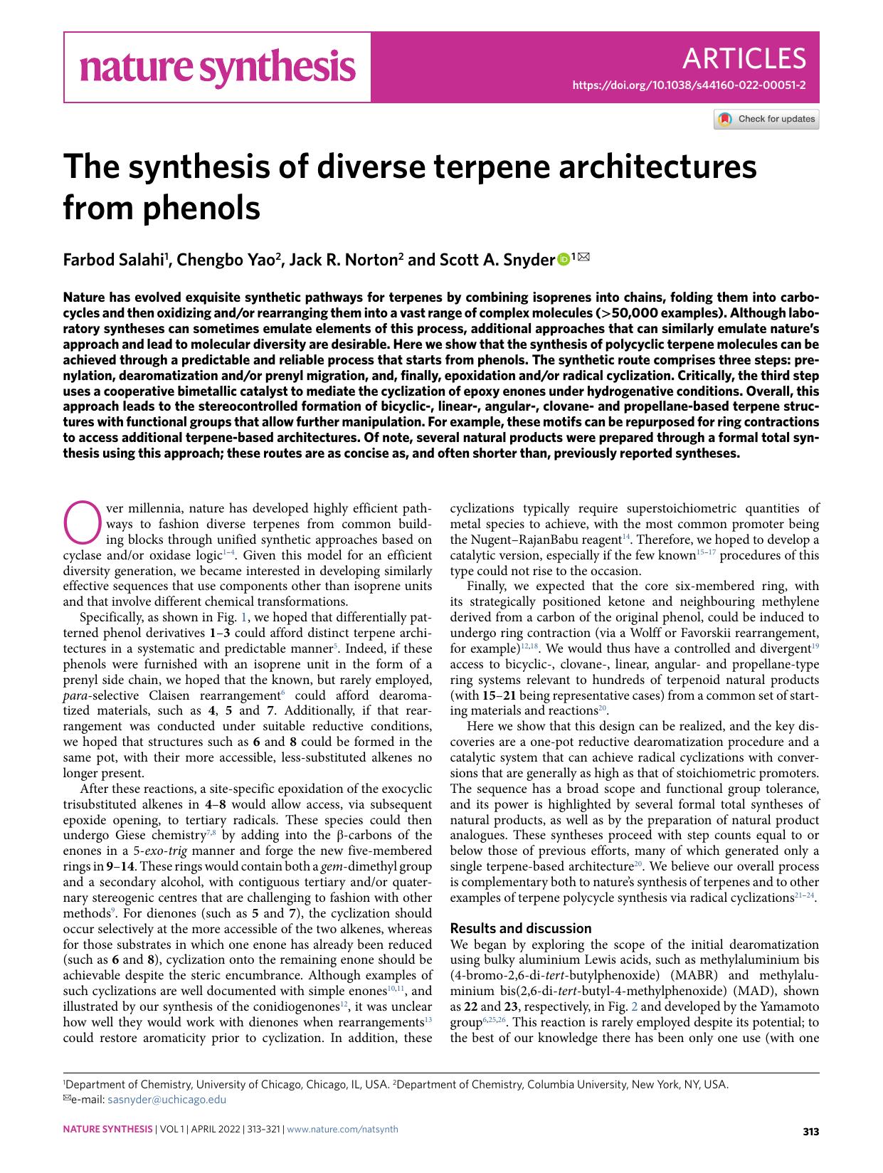 The synthesis of diverse terpene architectures from phenols by Farbod Salahi & Chengbo Yao & Jack R. Norton & Scott A. Snyder