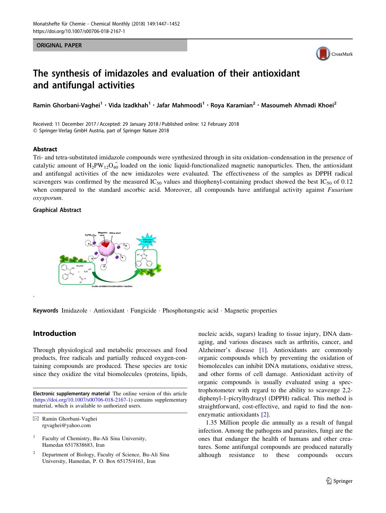 The synthesis of imidazoles and evaluation of their antioxidant and antifungal activities by Ramin Ghorbani-Vaghei & Vida Izadkhah & Jafar Mahmoodi & Roya Karamian & Masoumeh Ahmadi Khoei
