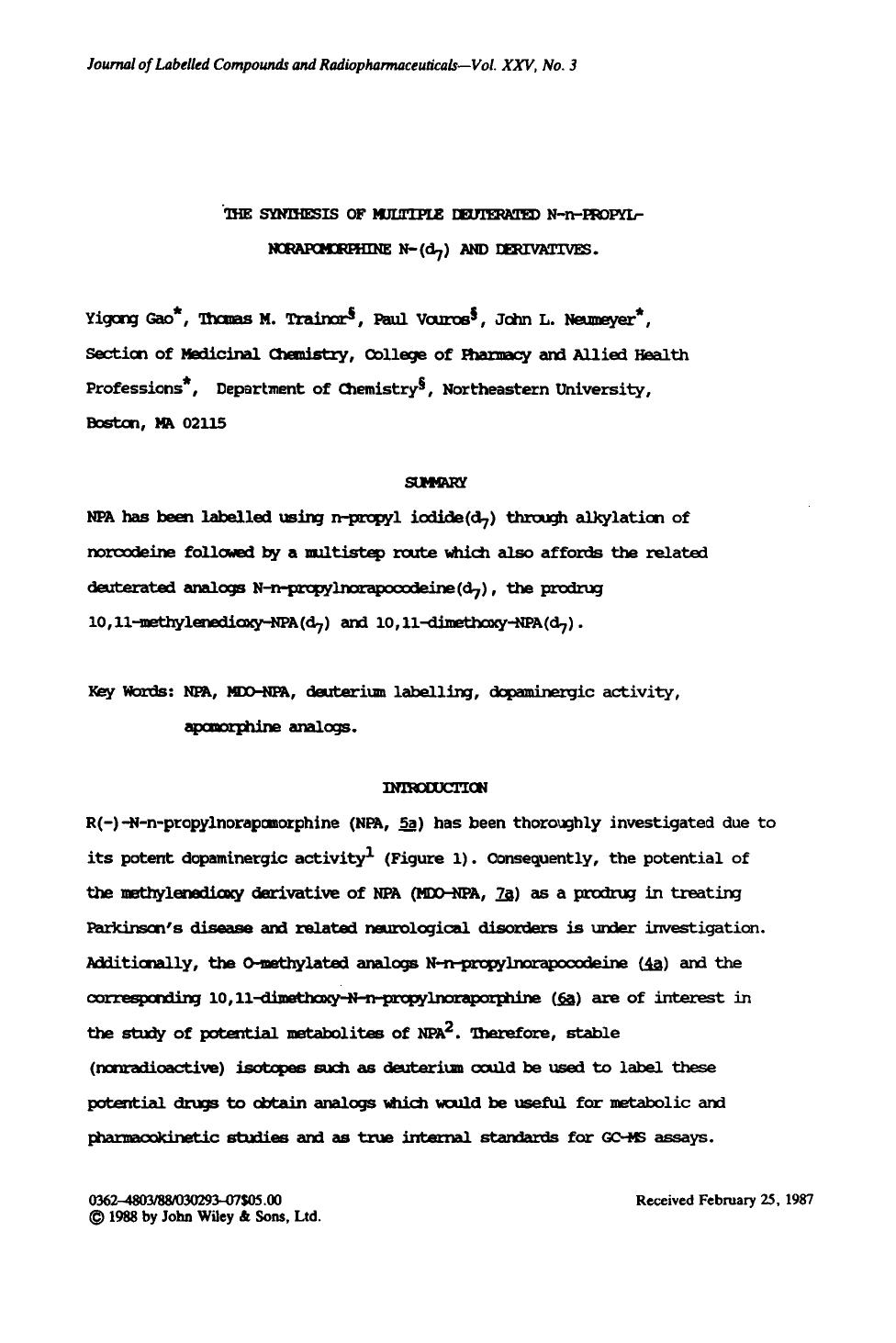 The synthesis of multiple deuterated N-n-propyl-norapomorphine N-(d7) and derivatives by Unknown