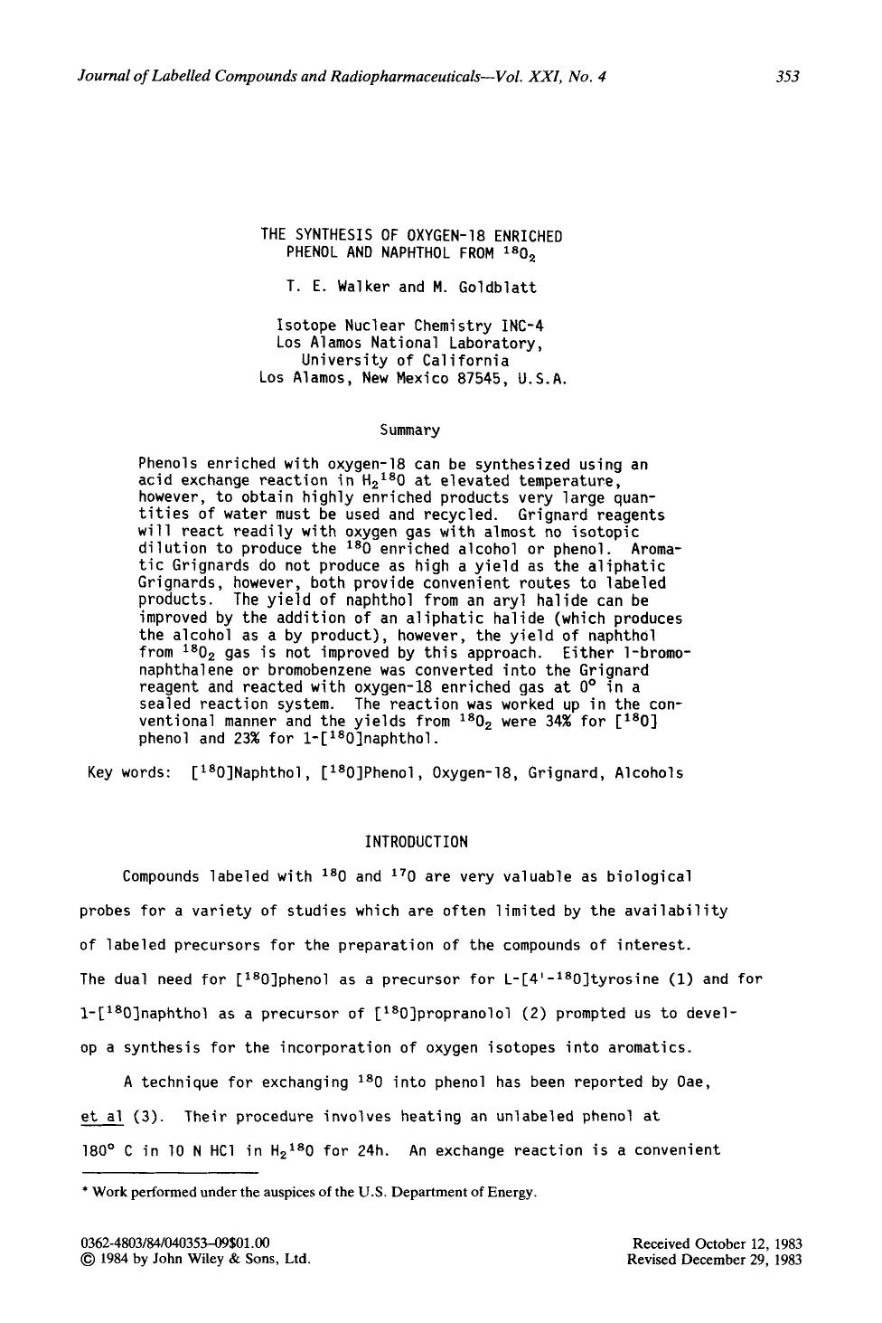 The synthesis of oxygen-18 enriched phenol and naphthol from 18O2 by Unknown