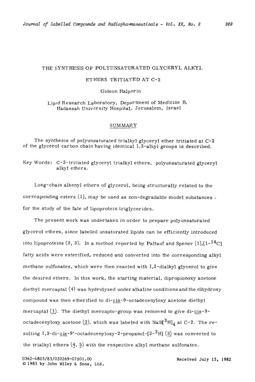 The synthesis of polyunsaturated glyceryl alkyl ethers tritiated at C-2 by Unknown