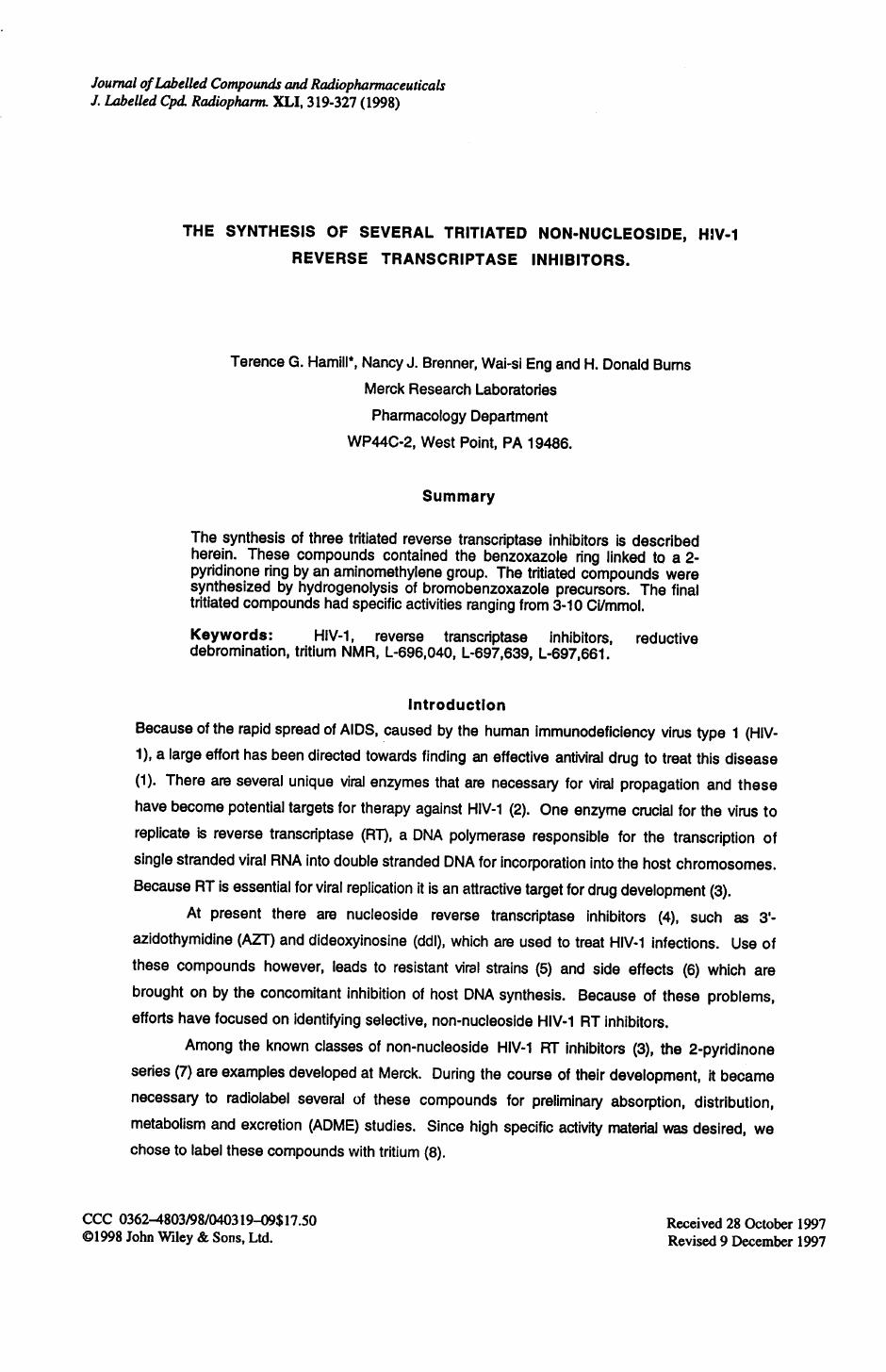 The synthesis of several tritiated non-nucleoside, HIV-1 reverse transcriptase inhibitors by Unknown
