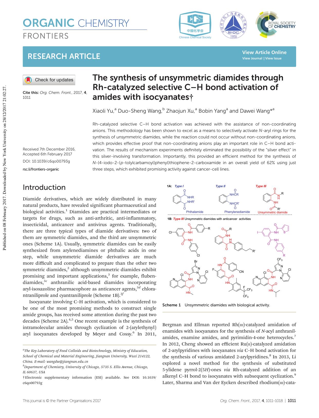 The synthesis of unsymmetric diamides through Rh-catalyzed selective CâH bond activation of amides with isocyanates by Xiaoli Yu Duo-Sheng Wang Zhaojun Xu Bobin Yang Dawei Wang