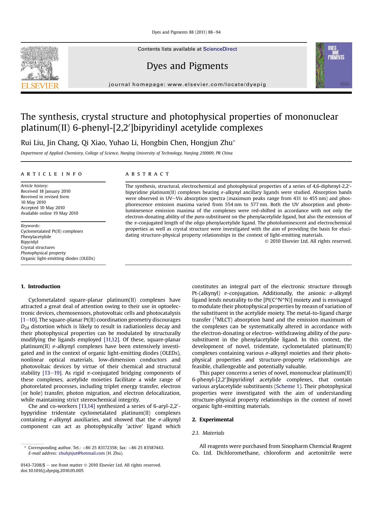 The synthesis, crystal structure and photophysical properties of mononuclear platinum(II) 6-phenyl-[2,2&prime;]bipyridinyl acetylide complexes by Rui Liu & Jin Chang & Qi Xiao & Yuhao Li & Hongbin Chen & Hongjun Zhu