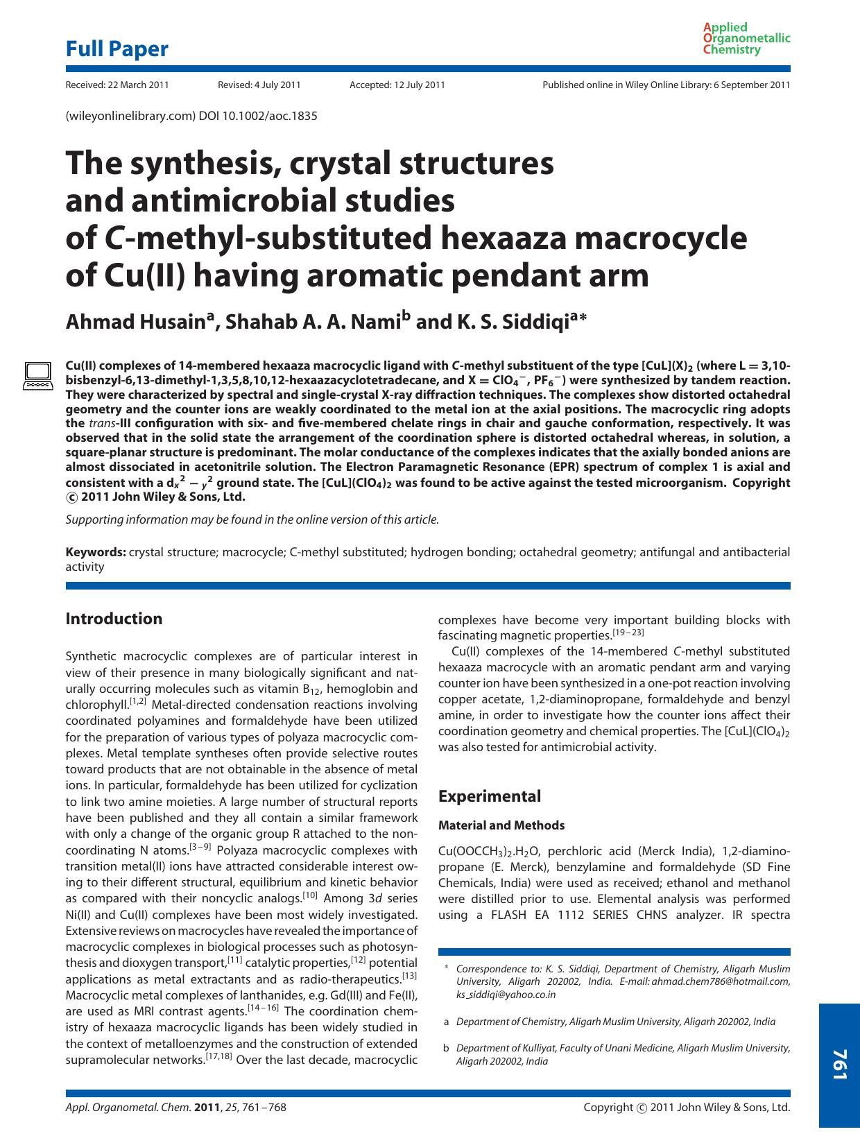 The synthesis, crystal structures and antimicrobial studies of Cmethylsubstituted hexaaza macrocycle of Cu(II) having aromatic pendant arm by Unknown