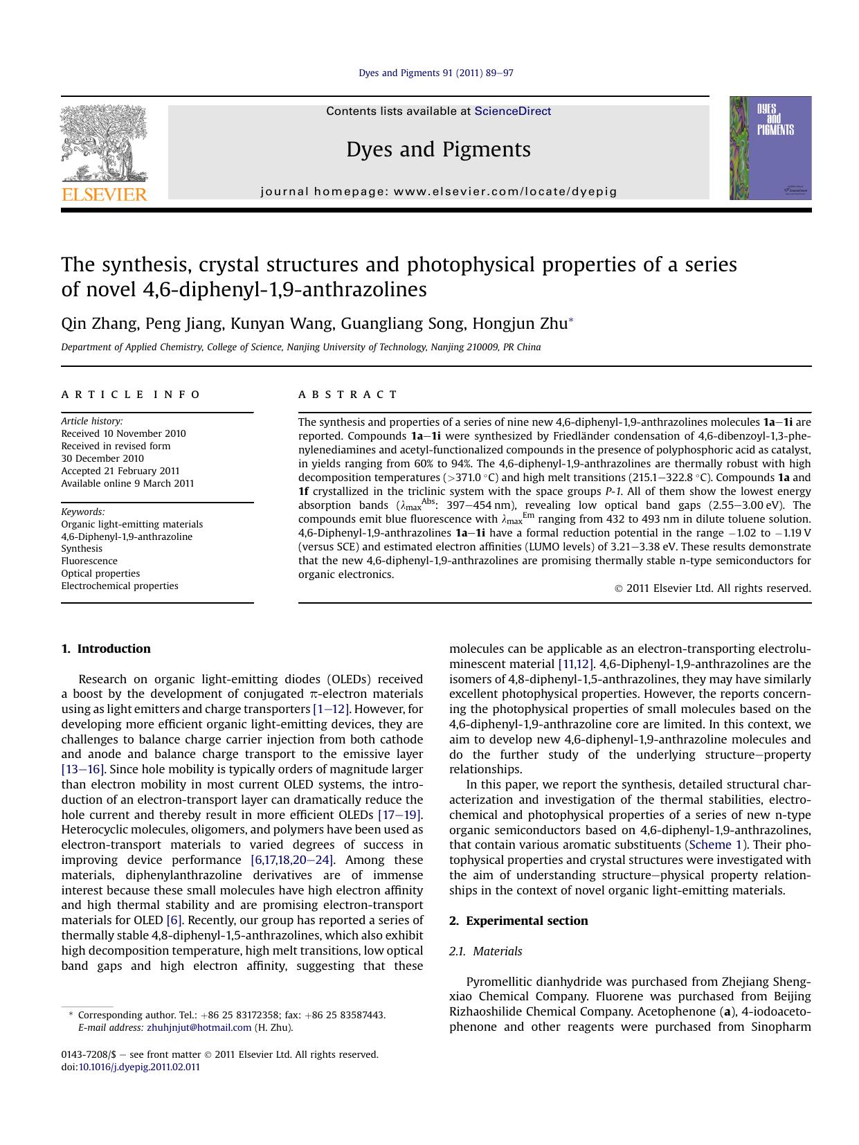 The synthesis, crystal structures and photophysical properties of a series of novel 4,6-diphenyl-1,9-anthrazolines by Qin Zhang & Peng Jiang & Kunyan Wang & Guangliang Song & Hongjun Zhu