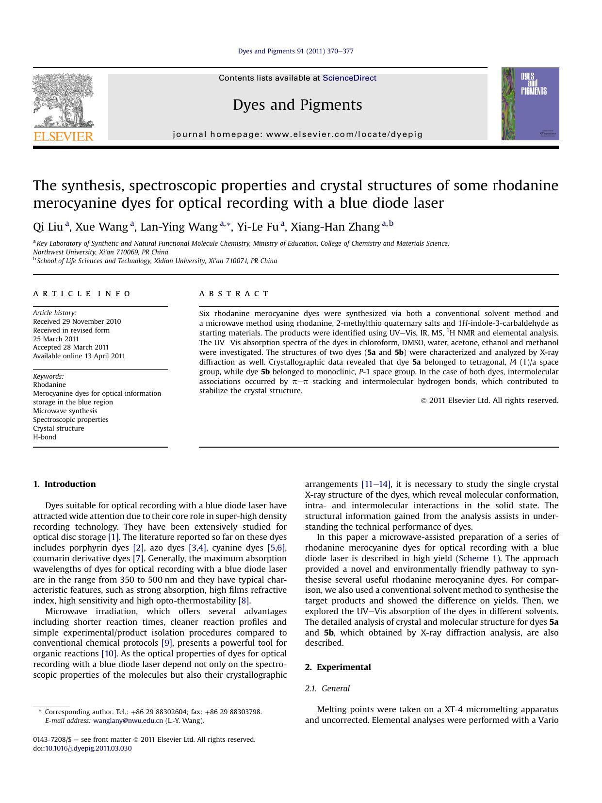 The synthesis, spectroscopic properties and crystal structures of some rhodanine merocyanine dyes for optical recording with a blue diode laser by Qi Liu & Xue Wang & Lan-Ying Wang & Yi-Le Fu & Xiang-Han Zhang