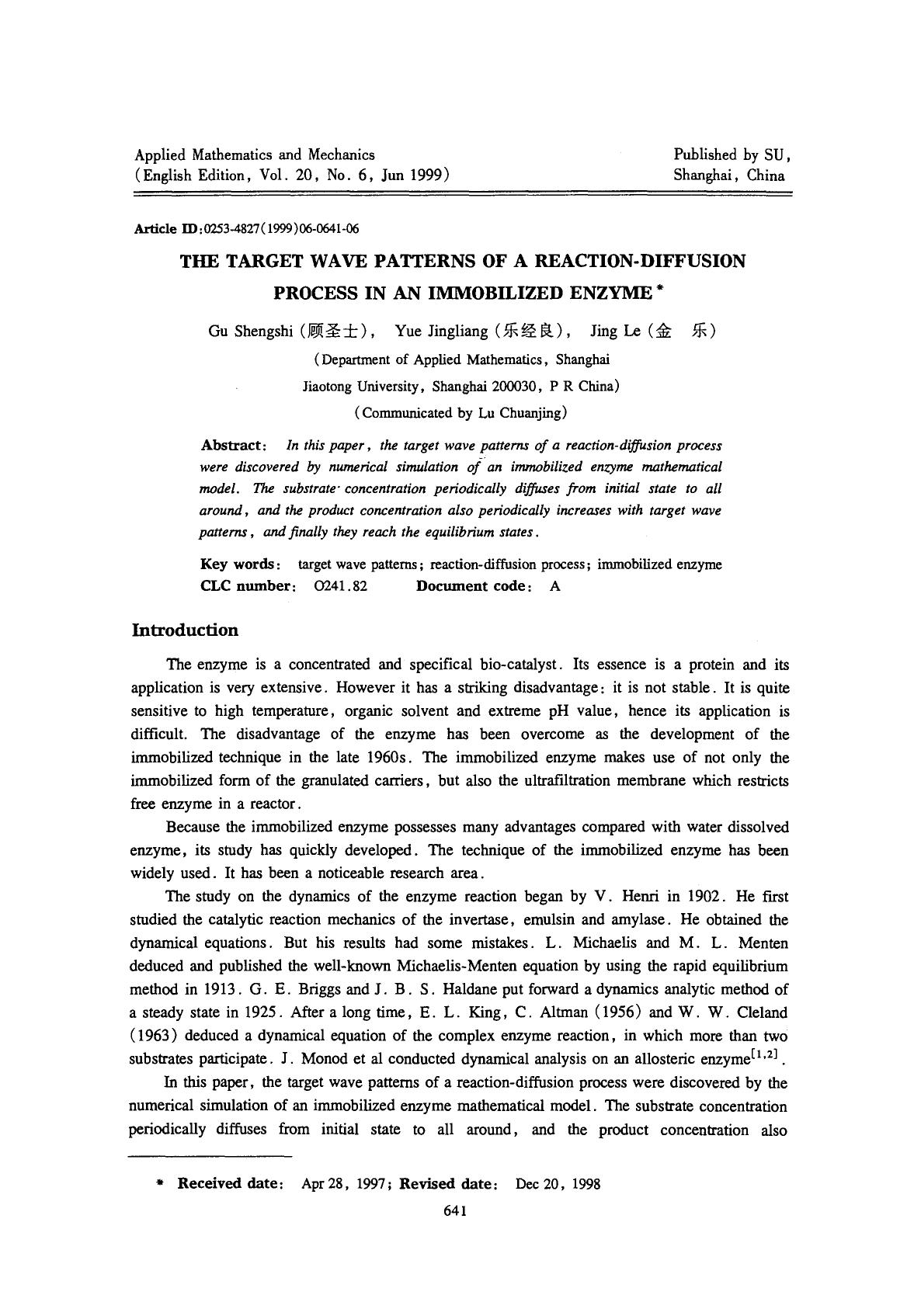 The target wave patterns of a reaction-diffusion process in an immobilized enzyme by Unknown