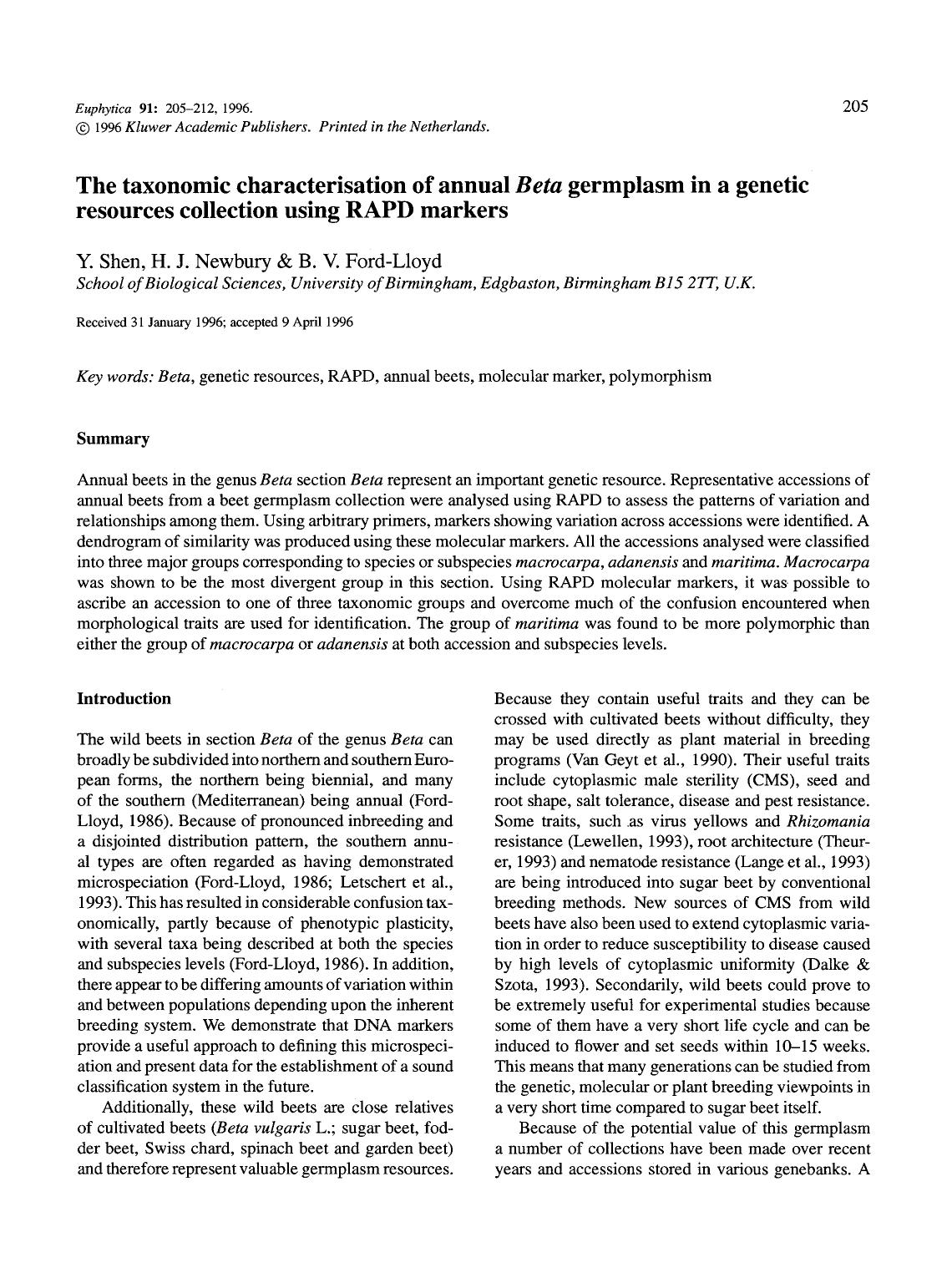 The taxonomic characterisation of annual <Emphasis Type="Italic">Beta <Emphasis> germplasm in a genetic resources collection using RAPD markers by Unknown