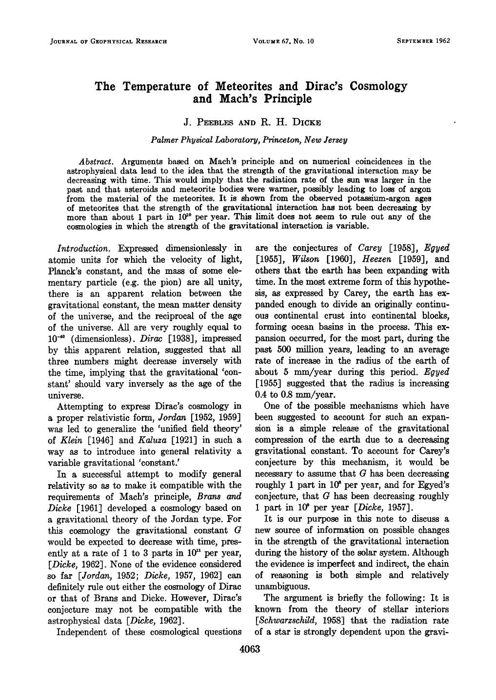 The temperature of meteorites and Dirac's cosmology and Mach's principle by J. Peebles R. H. Dicke