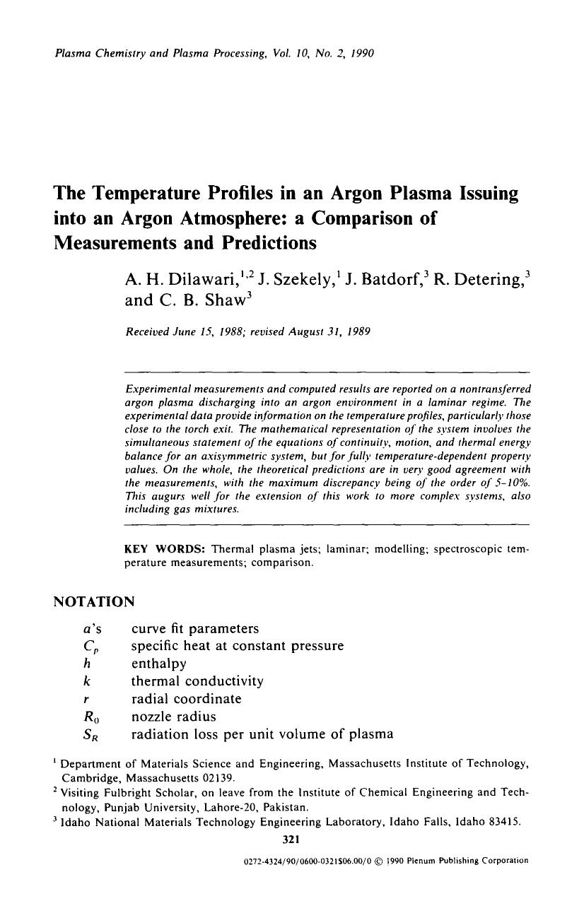 The temperature profiles in an argon plasma issuing into an argon atmosphere: A comparison of measurements and predictions by Unknown