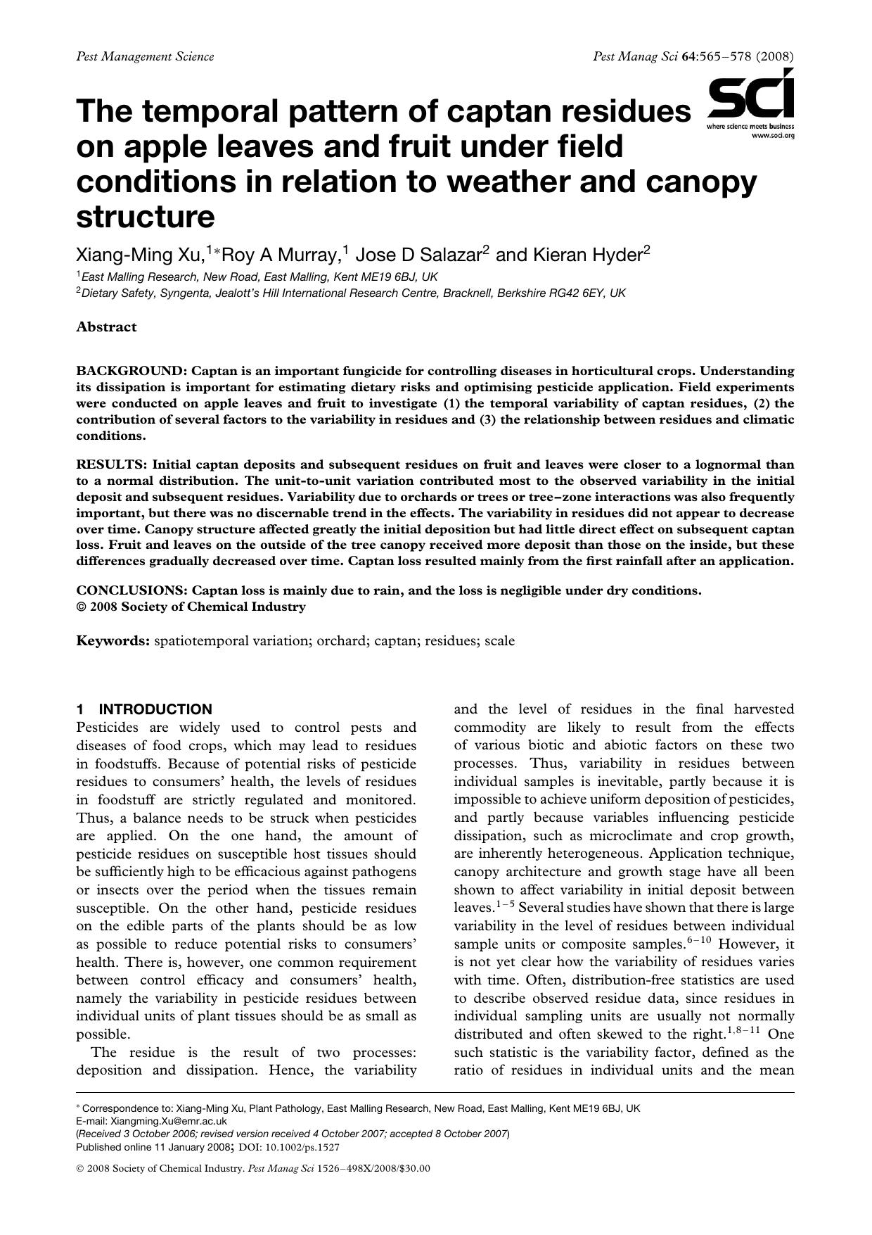 The temporal pattern of captan residues on apple leaves and fruit under field conditions in relation to weather and canopy structure by Unknown