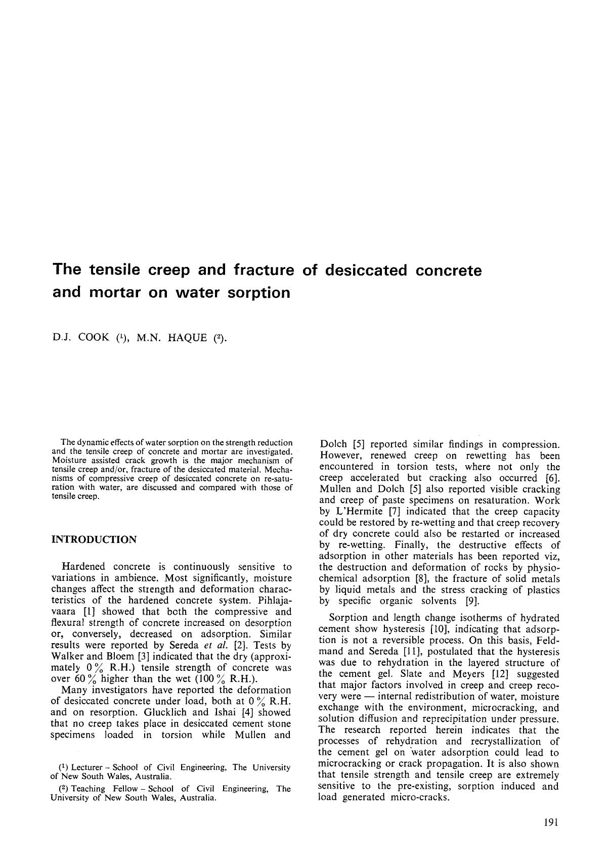 The tensile creep and fracture of desiccated concrete and mortar on water sorption by Unknown