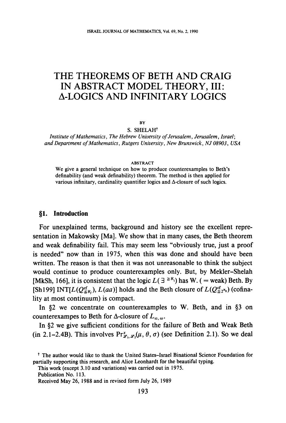 The theorems of Beth and craig in abstract model theory, III: &#x0394;-logics and infinitary logics by Unknown