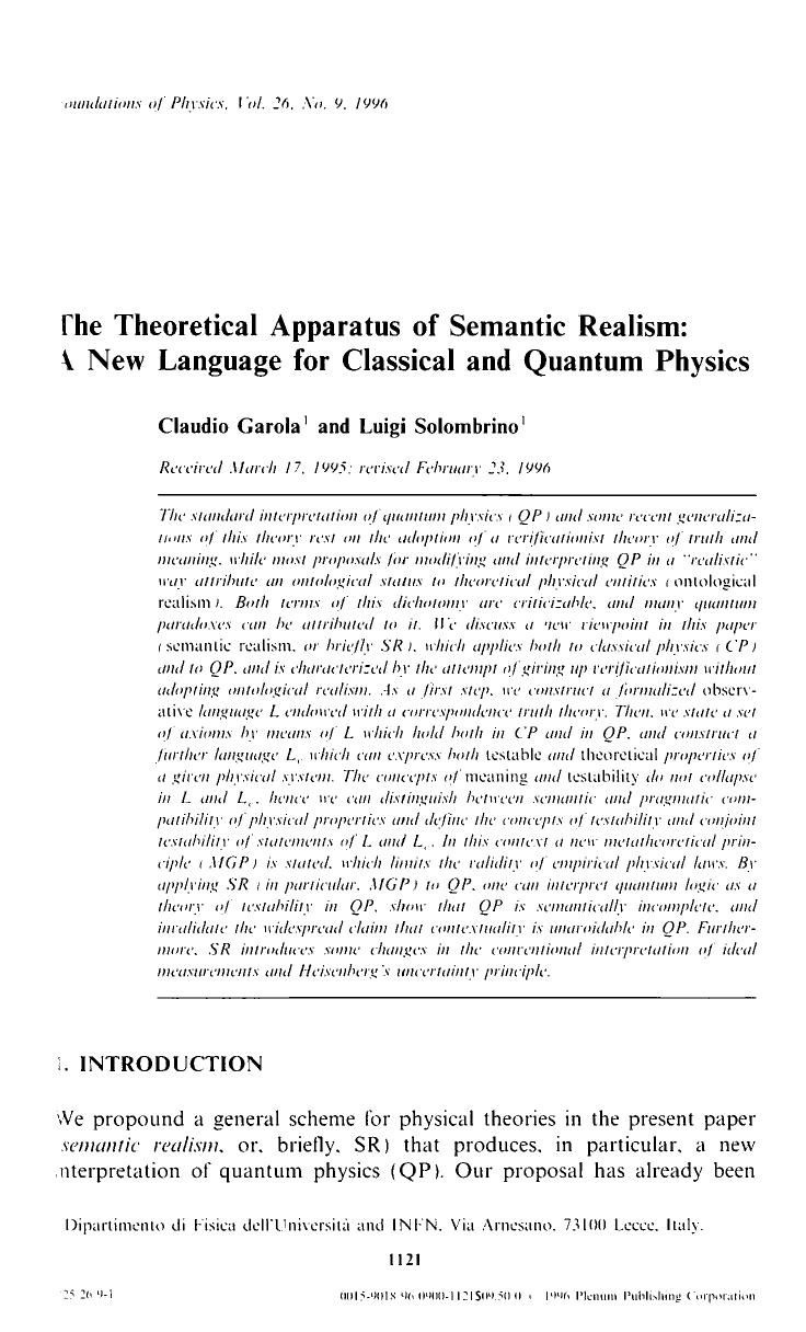 The theoretical apparatus of semantic realism: A new language for classical and quantum physics by Unknown