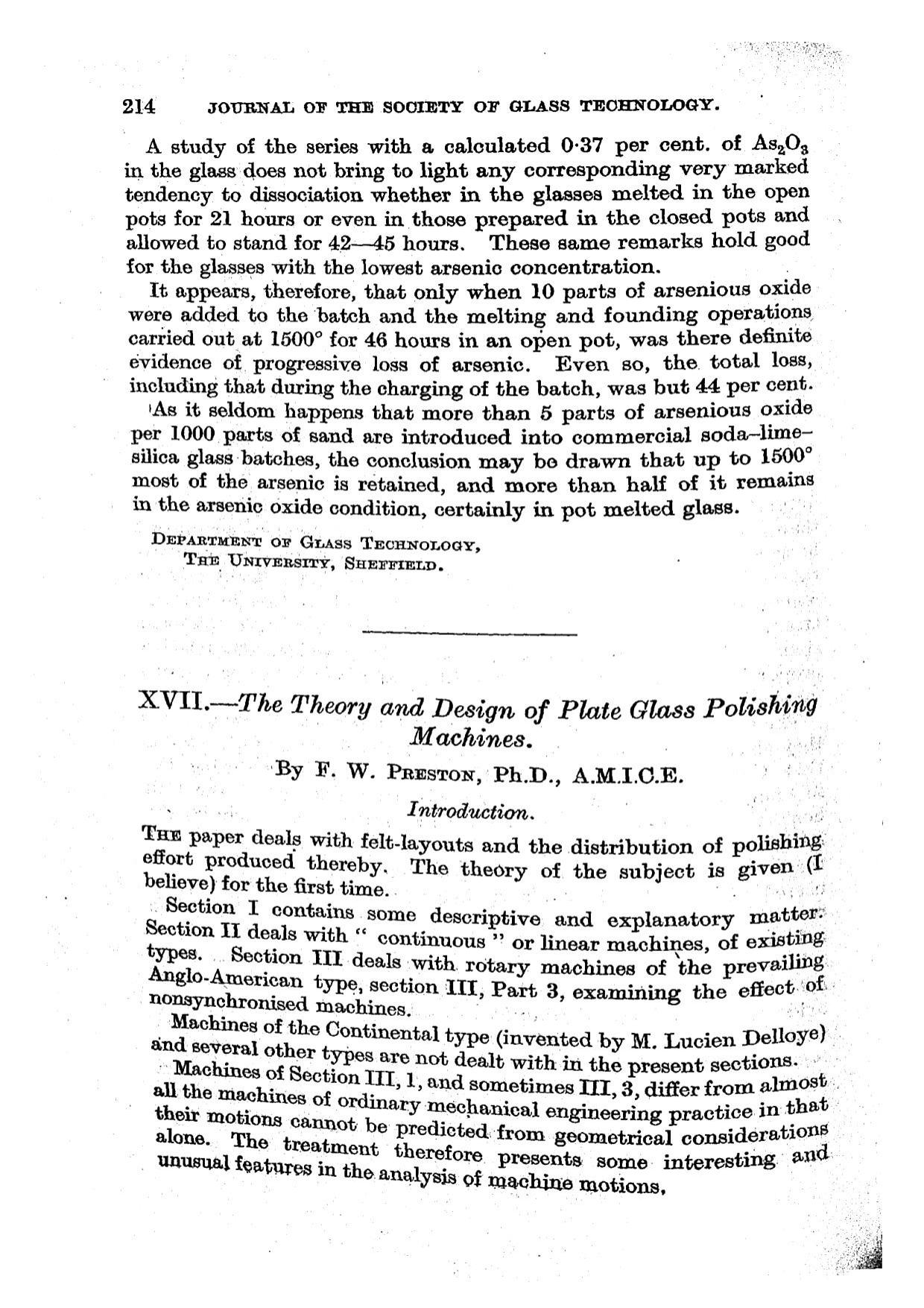 The theory and design of plate glass polishing machines by F.W. Preston