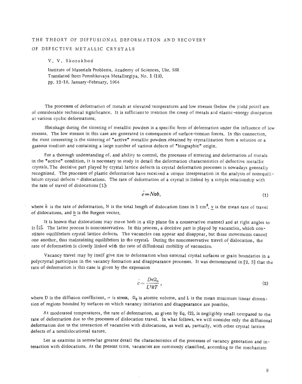 The theory of diffusional deformation and recovery of defective metallic crystals by Unknown