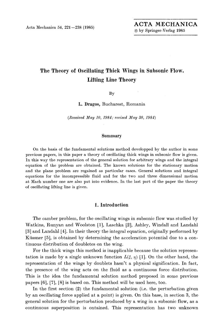 The theory of oscillating thick wings in subsonic flow. Lifting line theory by Unknown
