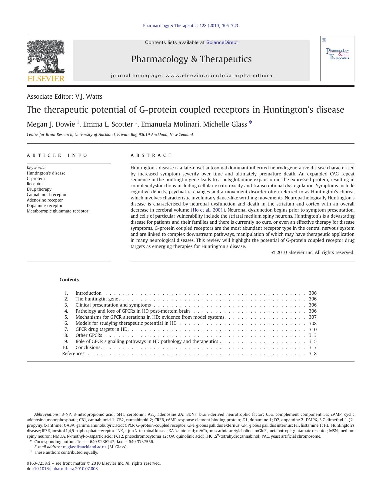 The therapeutic potential of G-protein coupled receptors in Huntington's disease by Megan J. Dowie & Emma L. Scotter & Emanuela Molinari & Michelle Glass