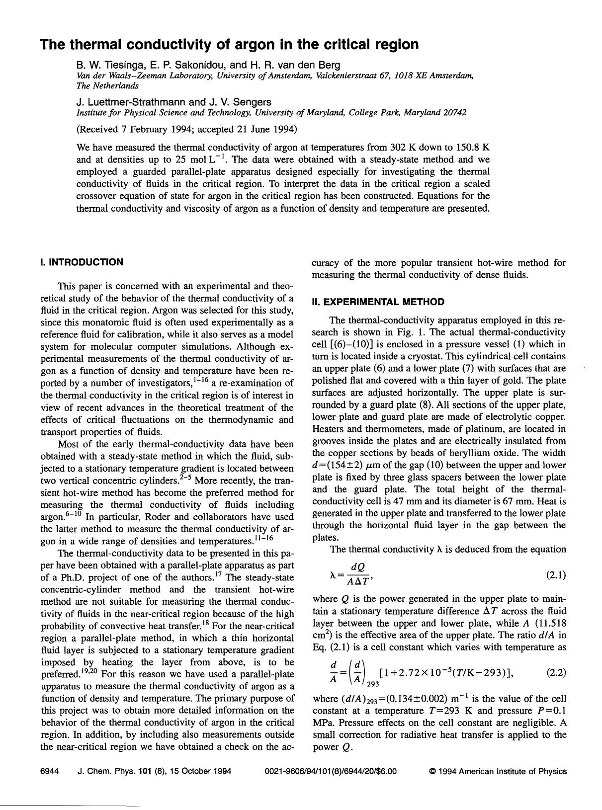 The thermal conductivity of argon in the critical region by B. W. Tiesinga; E. P. Sakonidou; H. R. van den Berg; J. Luettmer-Strathmann; J. V. Sengers