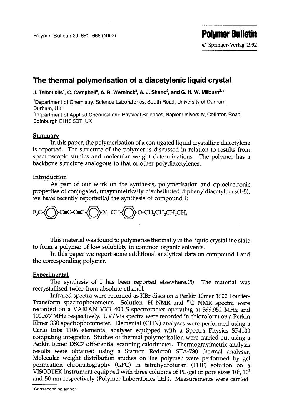 The thermal polymerisation of a diacetylenic liquid crystal by Unknown