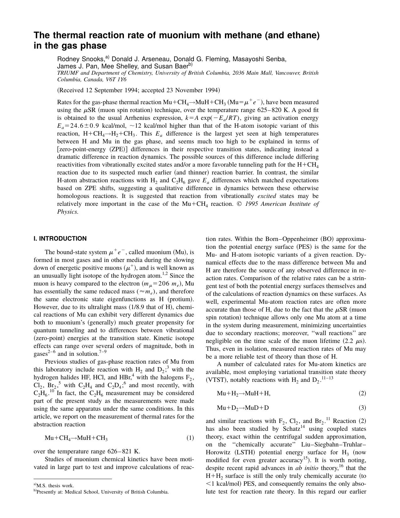 The thermal reaction rate of muonium with methane by Rodney Snooks & Donald J. Arseneau & Donald G