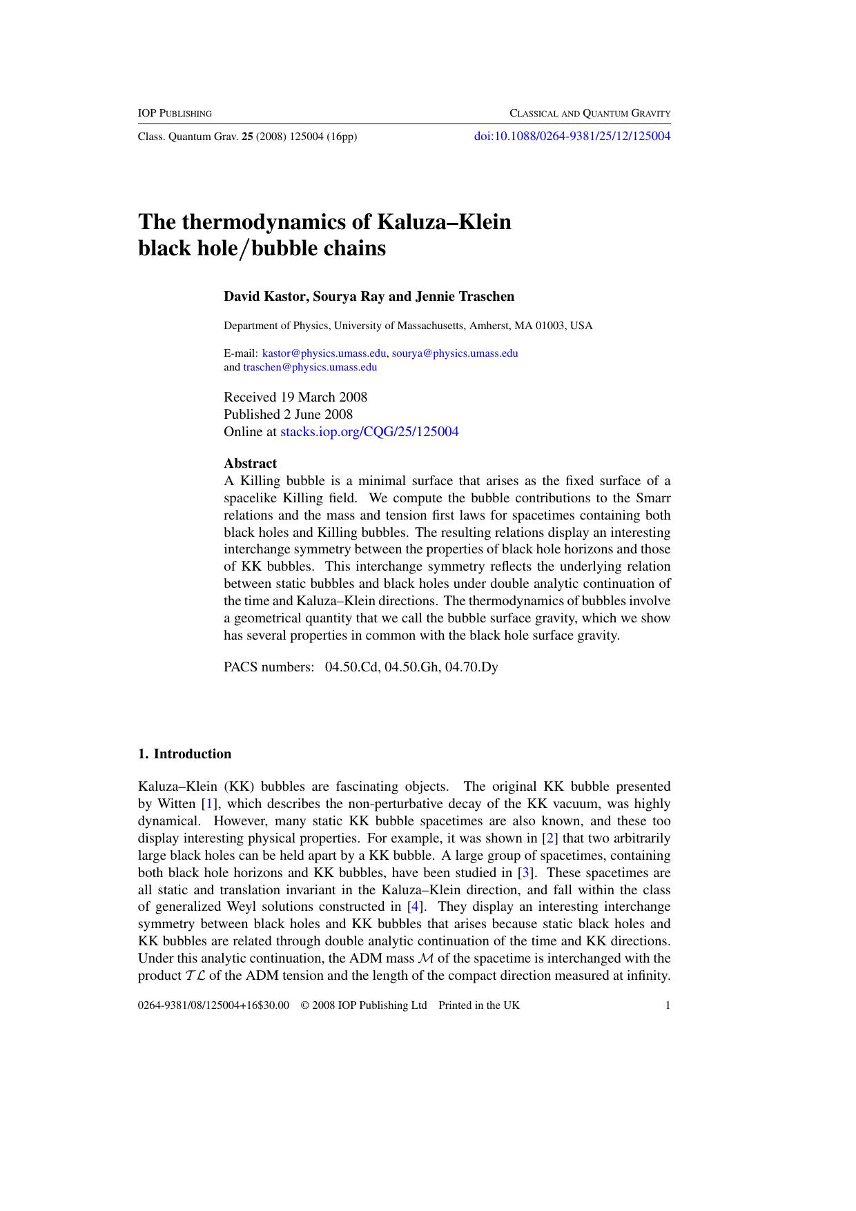 The thermodynamics of Kaluza--Klein black holebubble chains by D Kastor et al