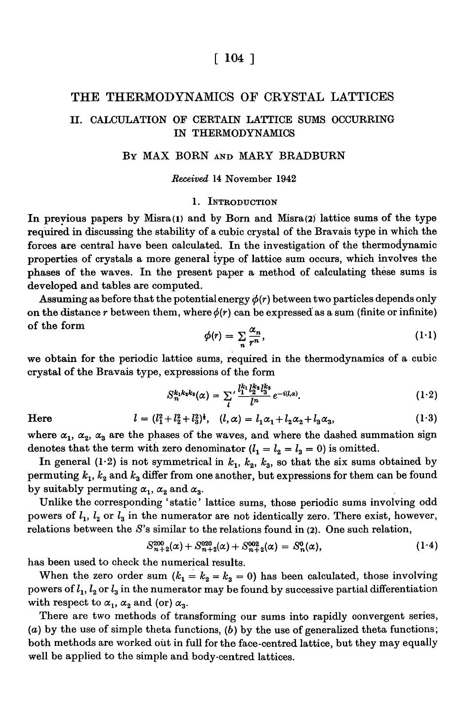 The thermodynamics of crystal lattices by Max Born Mary Bradburn
