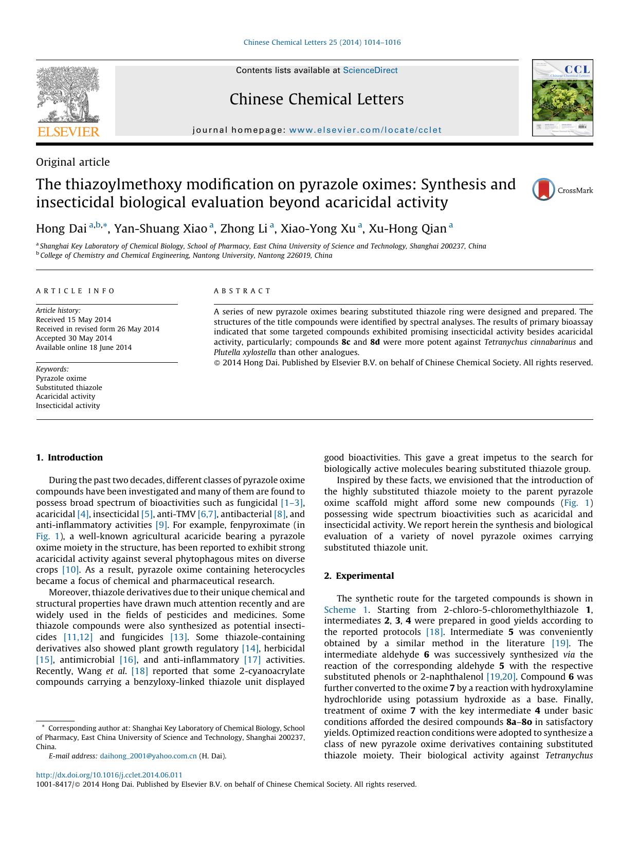 The thiazoylmethoxy modification on pyrazole oximes: Synthesis and insecticidal biological evaluation beyond acaricidal activity by Hong Dai & Yan-Shuang Xiao & Zhong Li & Xiao-Yong Xu & Xu-Hong Qian