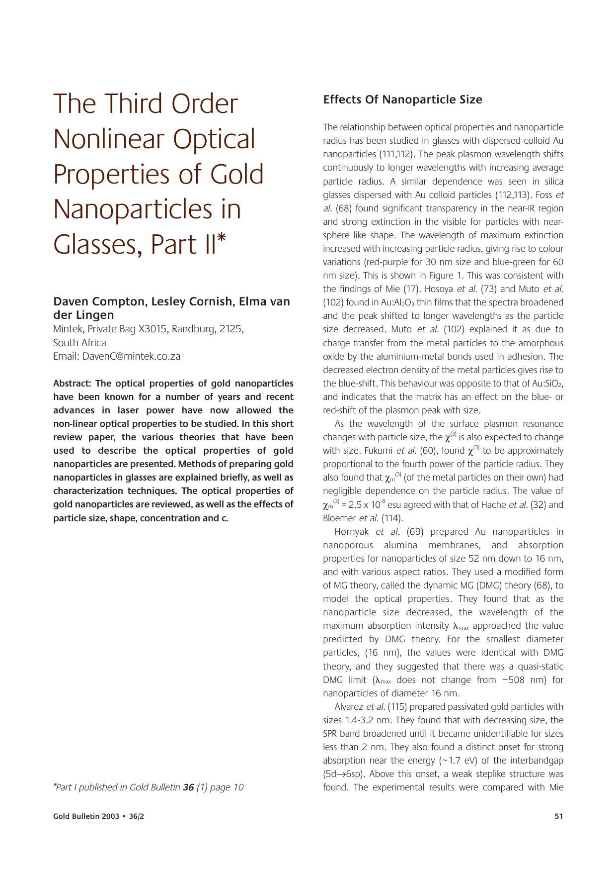 The third order nonlinear optical properties of gold nanoparticles in glasses, part II by Unknown