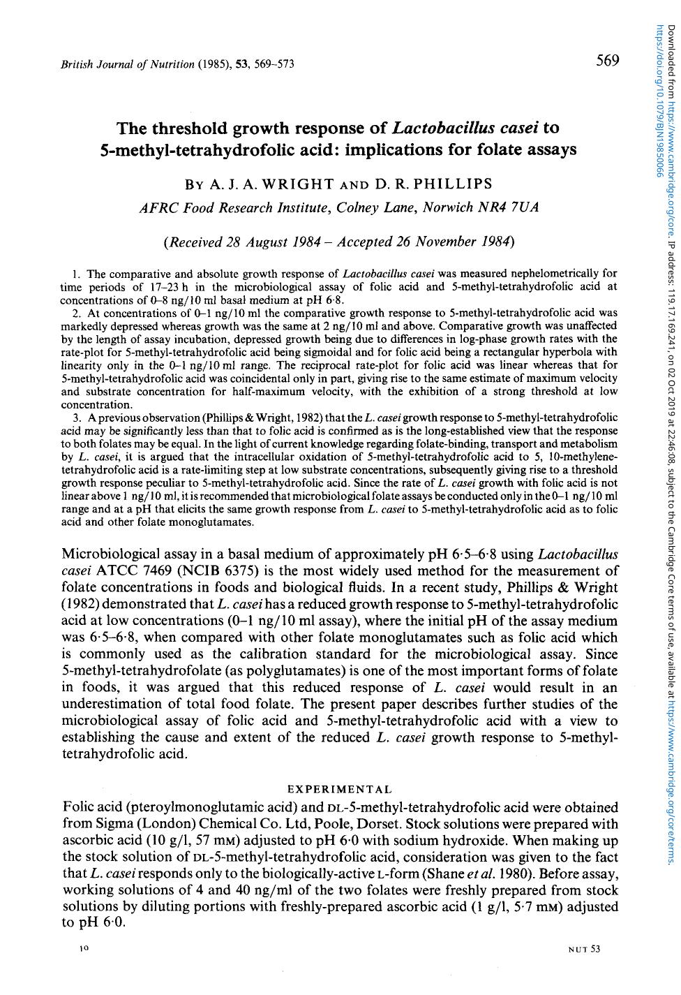The threshold growth response of Lactobacillus casei to 5-methyl-tetrahydrofolic acid: implications for folate assays by A. J. A. Wright & D. R. Phillips