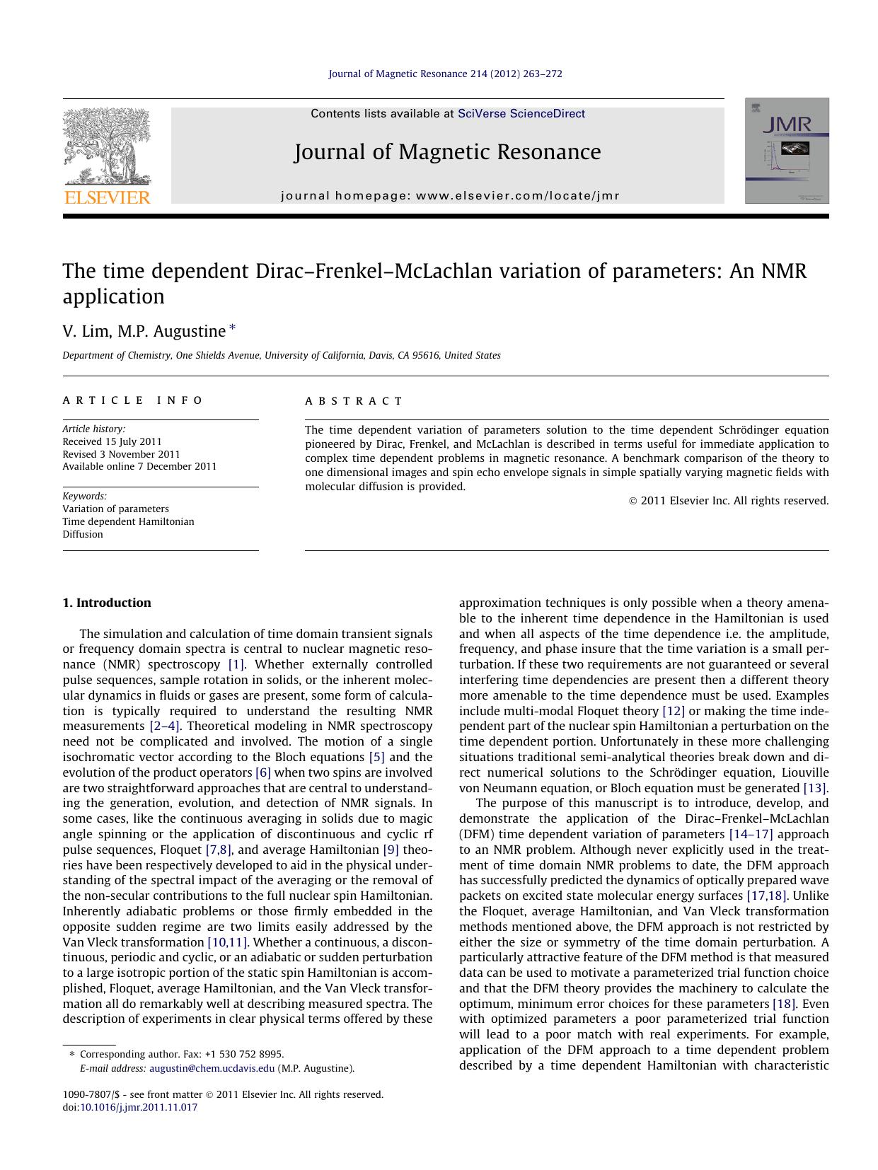 The time dependent DiracÃ¢â¬âFrenkelÃ¢â¬âMcLachlan variation of parameters: An NMR application by V. Lim & M.P. Augustine