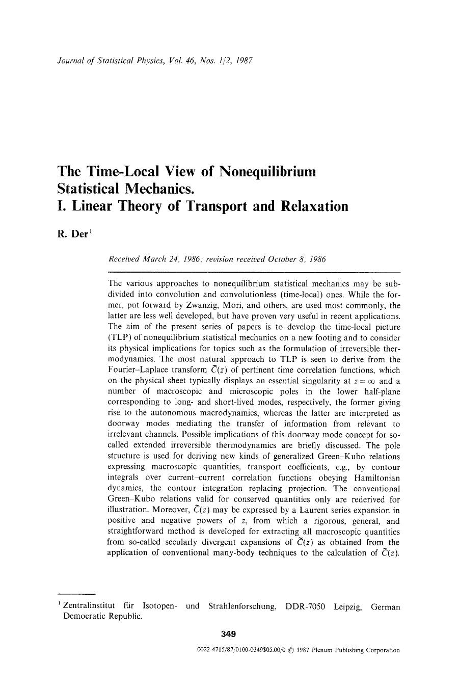 The time-local view of nonequilibrium statistical mechanics. I. Linear theory of transport and relaxation by Unknown