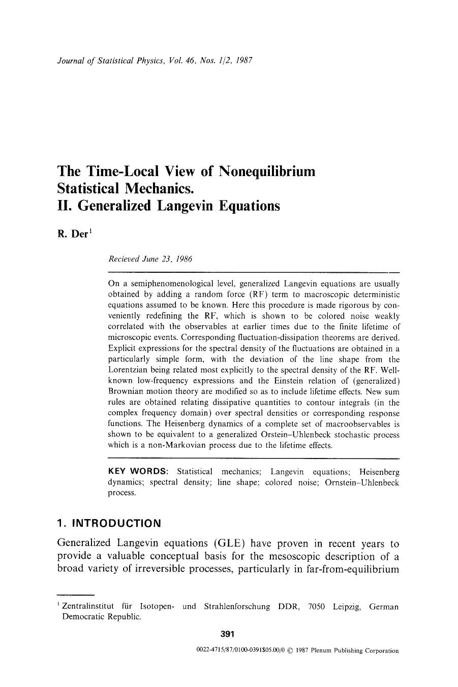 The time-local view of nonequilibrium statistical mechanics. II. Generalized Langevin equations by Unknown
