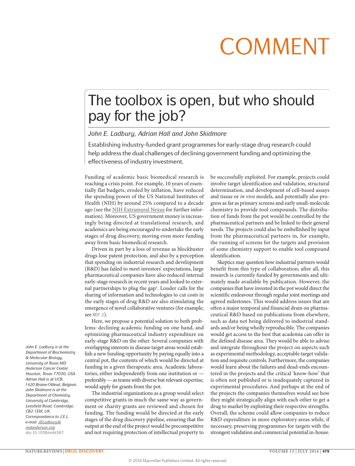 The toolbox is open, but who should pay for the job? by John E. Ladbury & Adrian Hall & John Skidmore