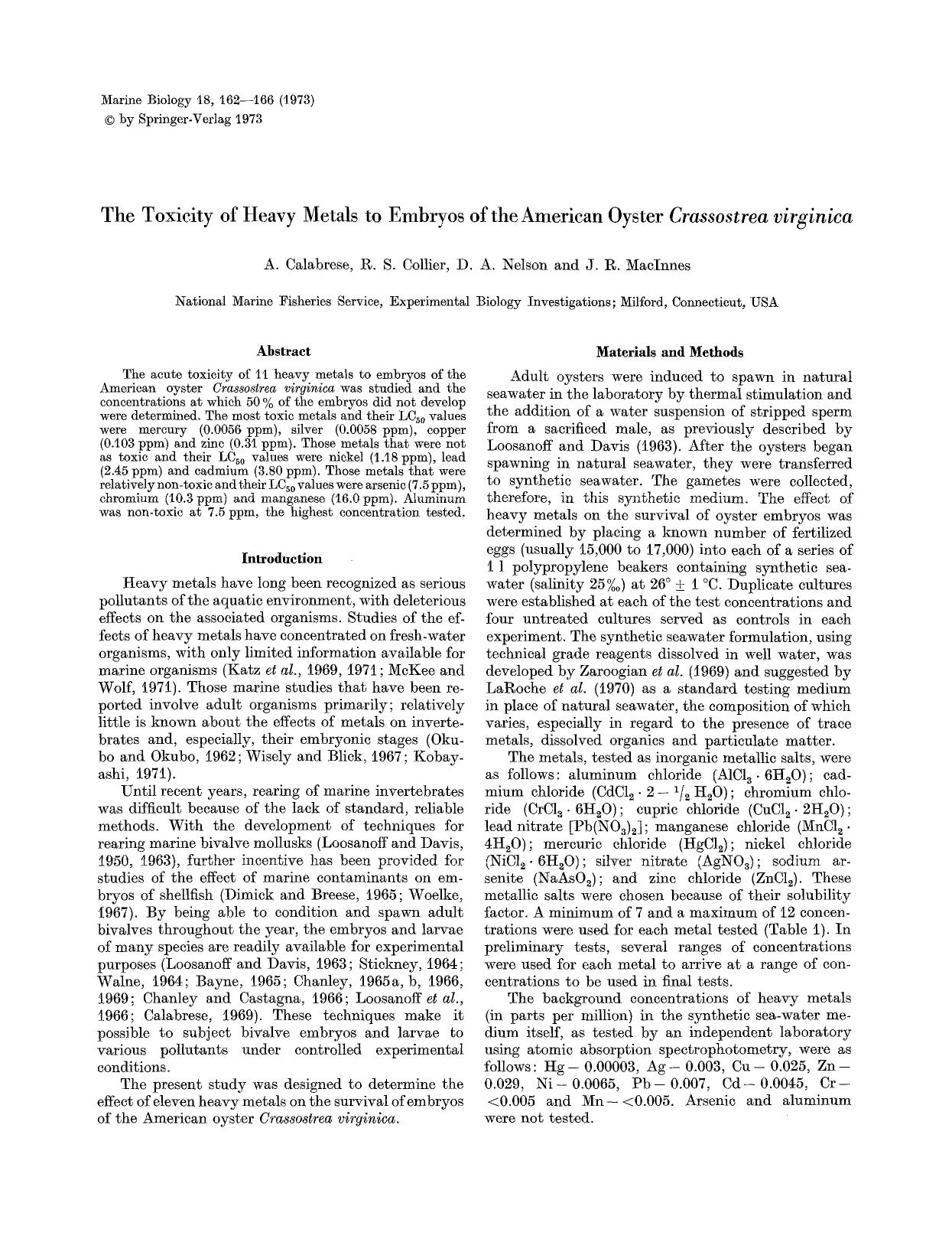 The toxicity of heavy metals to embryos of the American oyster <Emphasis Type="Italic">Crassostrea virginica<Emphasis> by Unknown