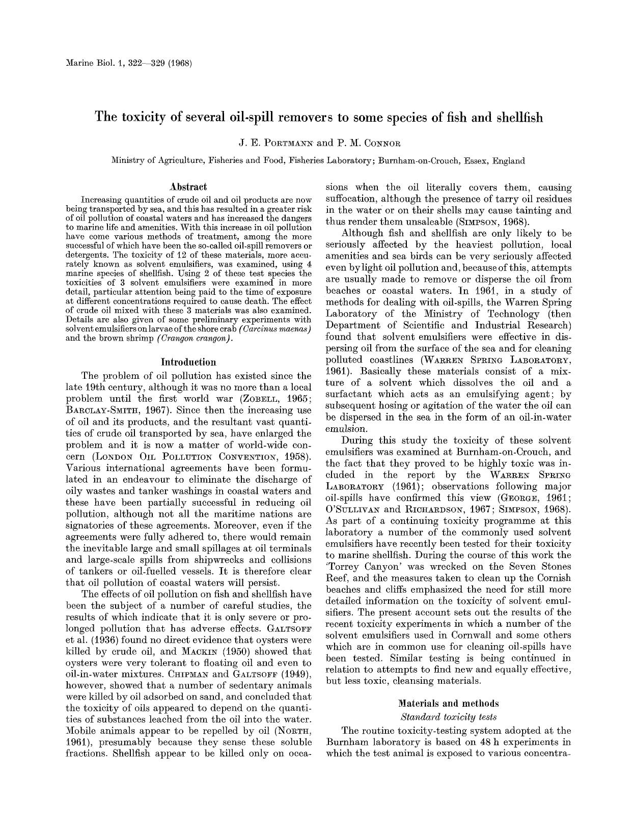 The toxicity of several oil-spill removers to some species of fish and shellfish by Unknown