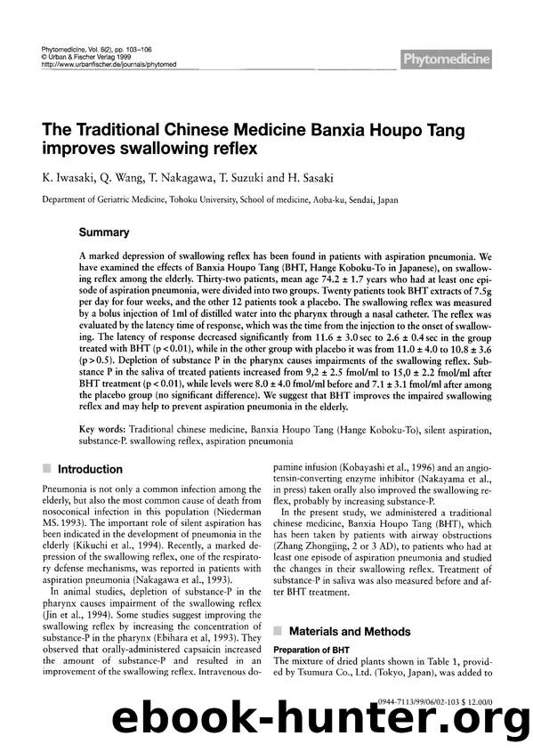The traditional Chinese medicine Banxia Houpo Tang improves swallowing reflex by K. Iwasaki & Q. Wang & T. Nakagawa & T. Suzuki & H. Sasaki
