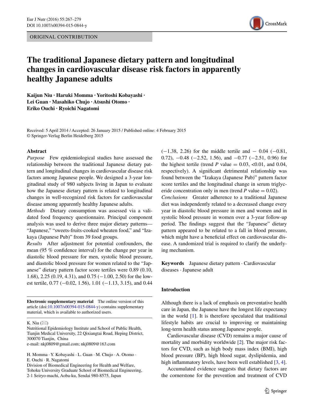 The traditional Japanese dietary pattern and longitudinal changes in cardiovascular disease risk factors in apparently healthy Japanese adults by unknow