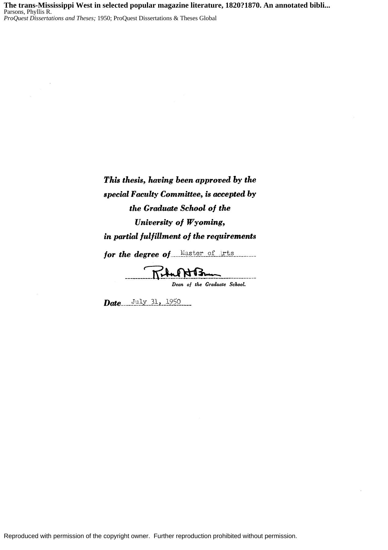 The trans-Mississippi West in selected popular magazine literature, 1820â1870. An annotated bibliography by Parsons Phyllis R