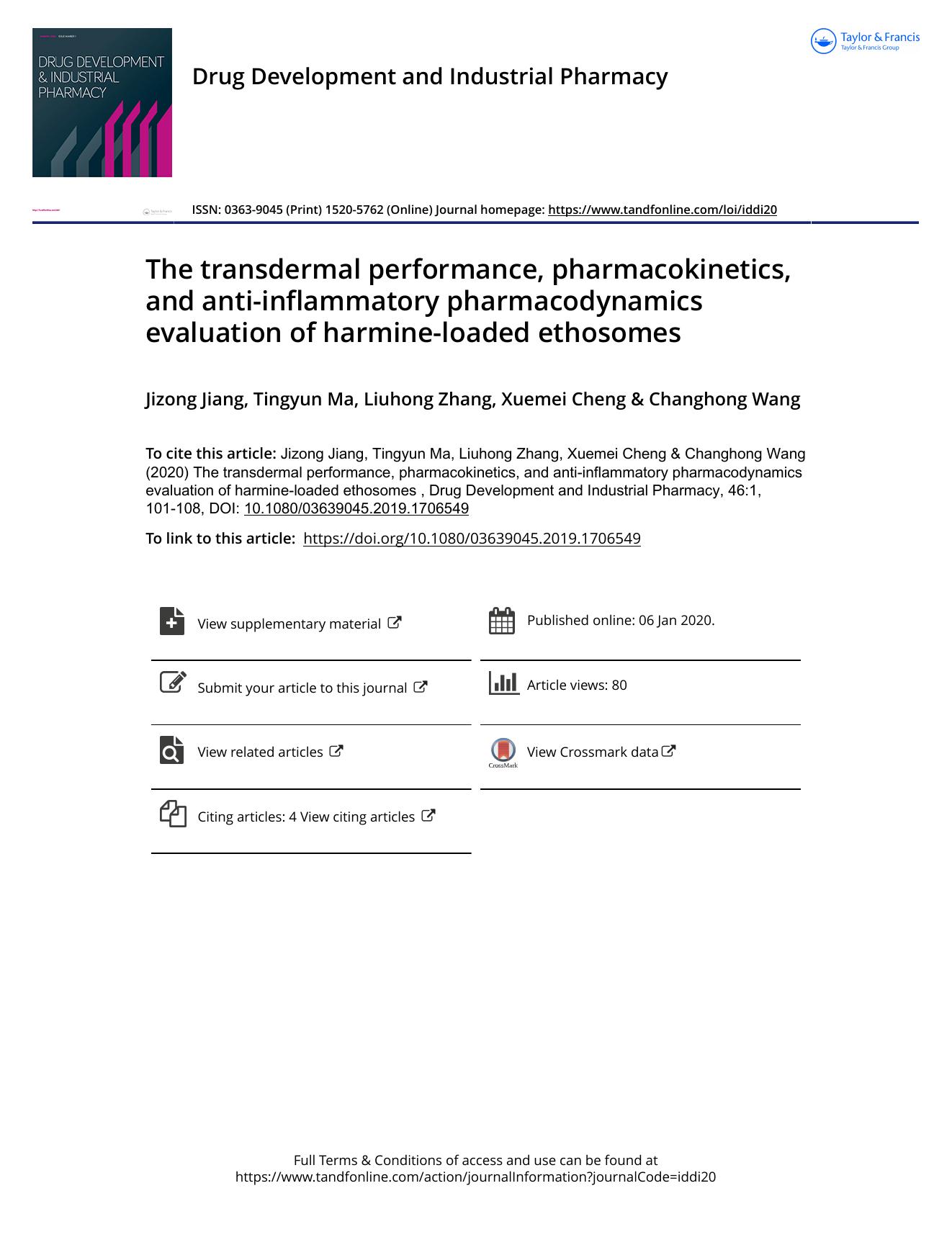 The transdermal performance, pharmacokinetics, and anti-inflammatory pharmacodynamics evaluation of harmine-loaded ethosomes by Jiang Jizong & Ma Tingyun & Zhang Liuhong & Cheng Xuemei & Wang Changhong