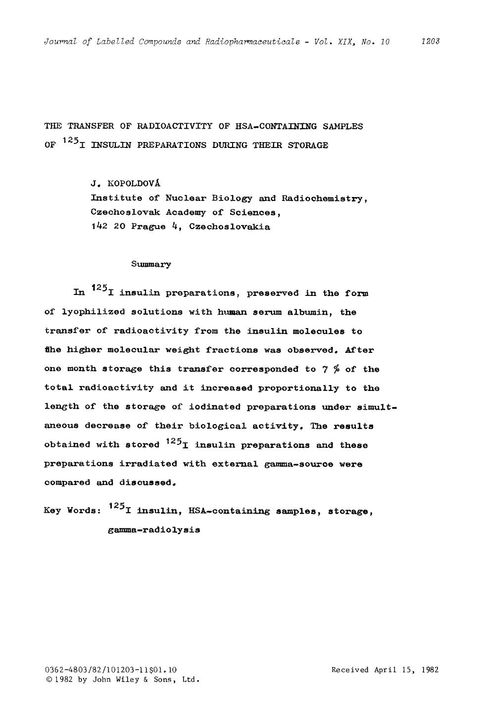 The transfer of radioactivity of HSA-containing samples of 125I insulin preparations during their storage by Unknown