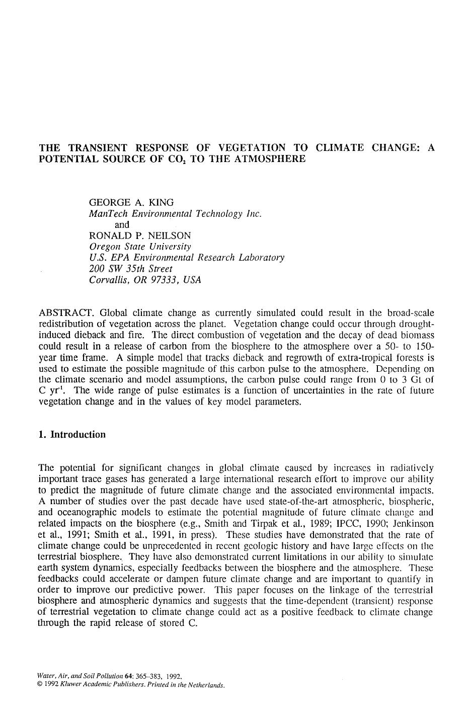 The transient response of vegetation to climate change: A potential source of CO<Subscript>2<Subscript> to the atmosphere by Unknown