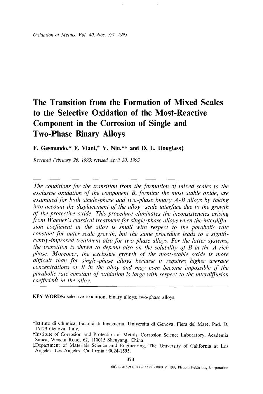 The transition from the formation of mixed scales to the selective oxidation of the most-reactive component in the corrosion of single and two-phase binary alloys by Unknown