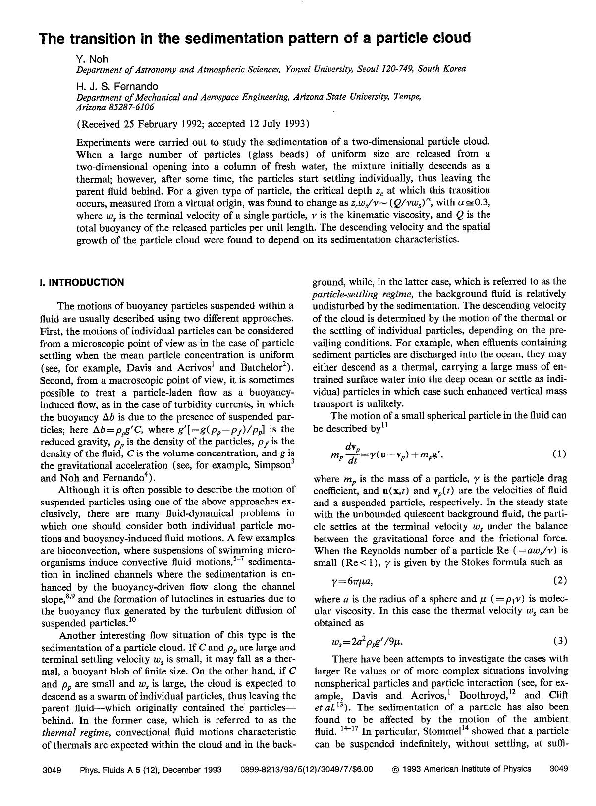 The transition in the sedimentation pattern of a particle cloud by Y. Noh; H. J. S. Fernando