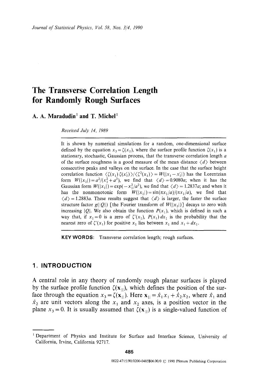 The transverse correlation length for randomly rough surfaces by Unknown