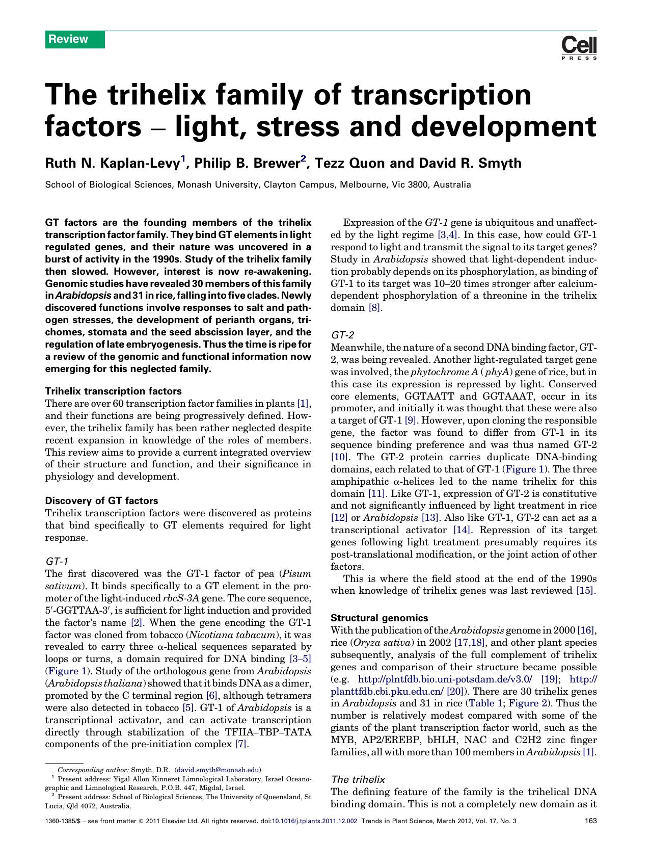 The trihelix family of transcription factors â light, stress and development by Ruth N. Kaplan-Levy