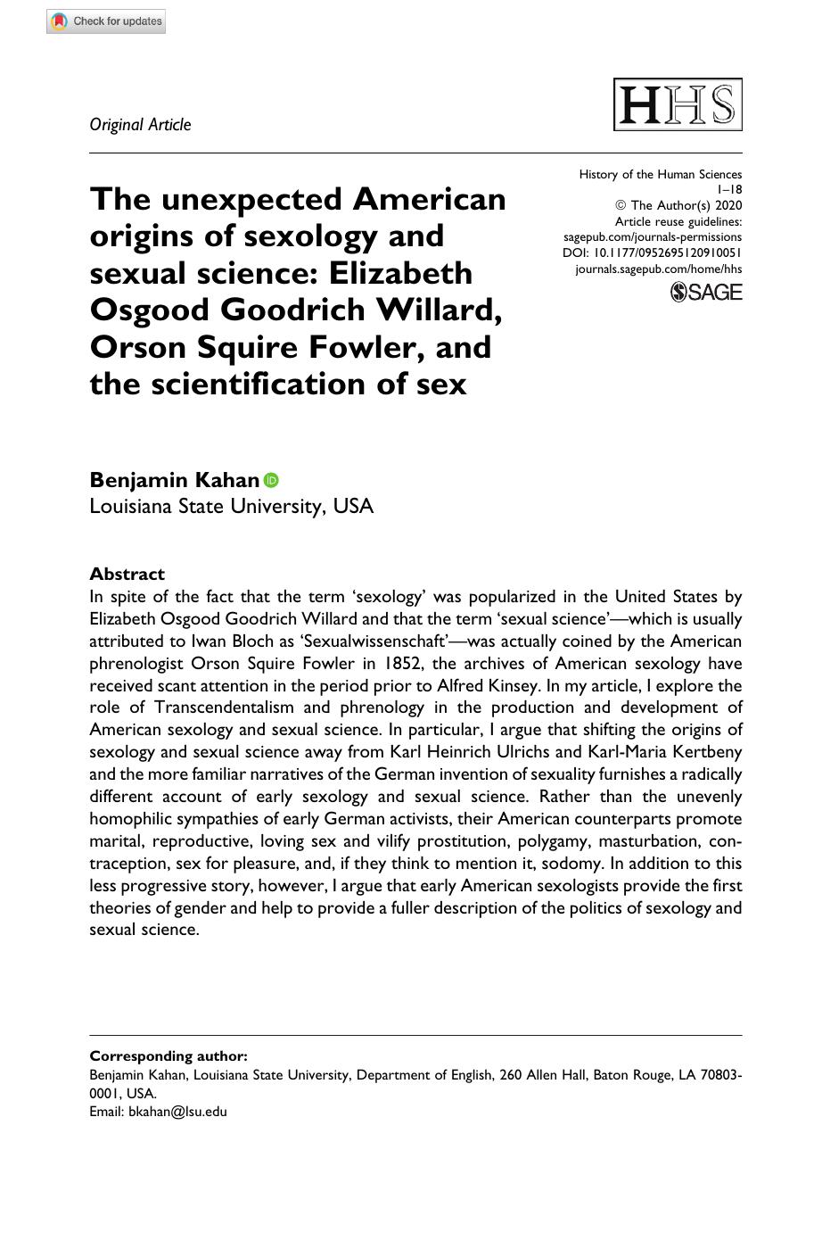 The unexpected American origins of sexology and sexual science: Elizabeth Osgood Goodrich Willard, Orson Squire Fowler, and the scientification of sex by Benjamin Kahan